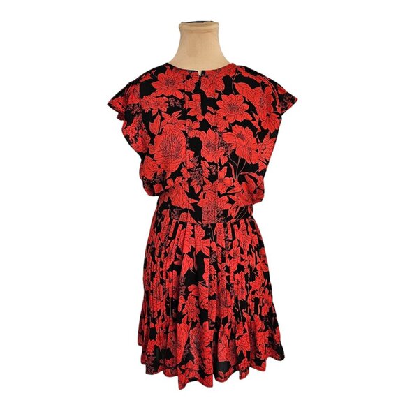 Rebecca Minkoff Mini Dress Large Red Flutter Sleeve Floral Pleated Ruffle Sz S - Picture 9 of 13